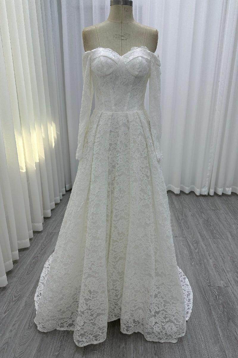 A-Line Sweep-Brush Train Lace Wedding Dress 843985458463 - COCOMELODY